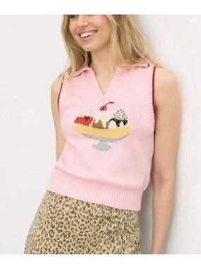 Rachel Antonoff Banana Split Ice Cream Sleeveless Polo Knit Sweater Vest Size XS